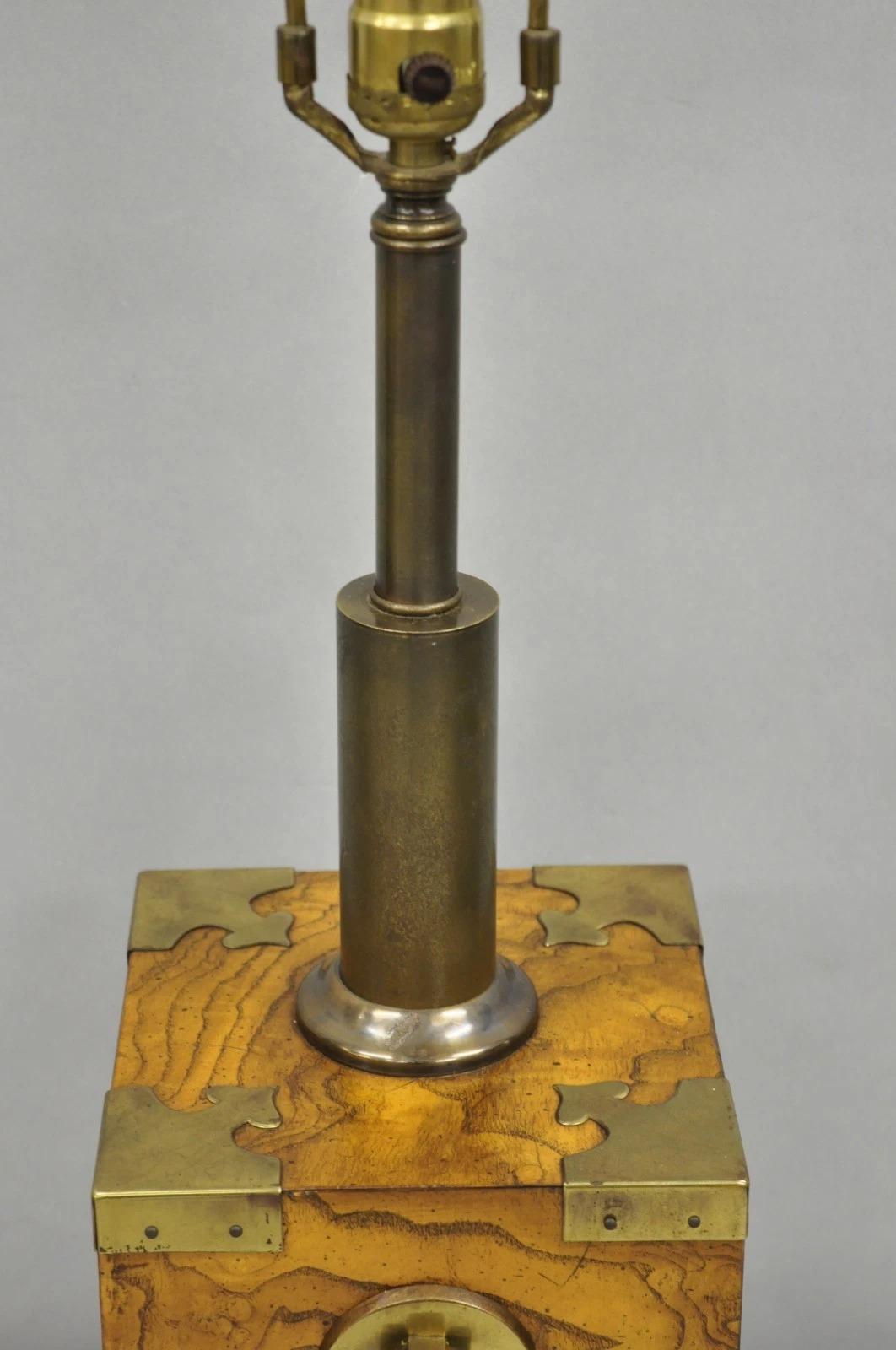Vintage Campaign Style Burl Wood & Brass Faux Tea Box Table Lamp by Knob Creek For Sale 1
