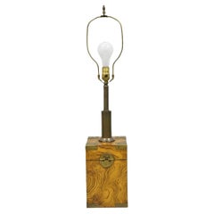 Vintage Campaign Style Burl Wood & Brass Faux Tea Box Table Lamp by Knob Creek