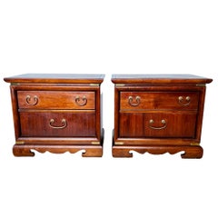 Vintage Campaign Style Chippendale Mahogany Nightstands, a Pair