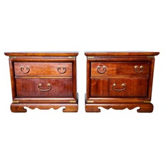 Vintage Campaign Style Chippendale Mahogany Nightstands, a Pair