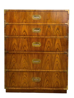 Vintage Campaign Style Five Drawer Dresser by Dixie with Brass-Toned Hardware.