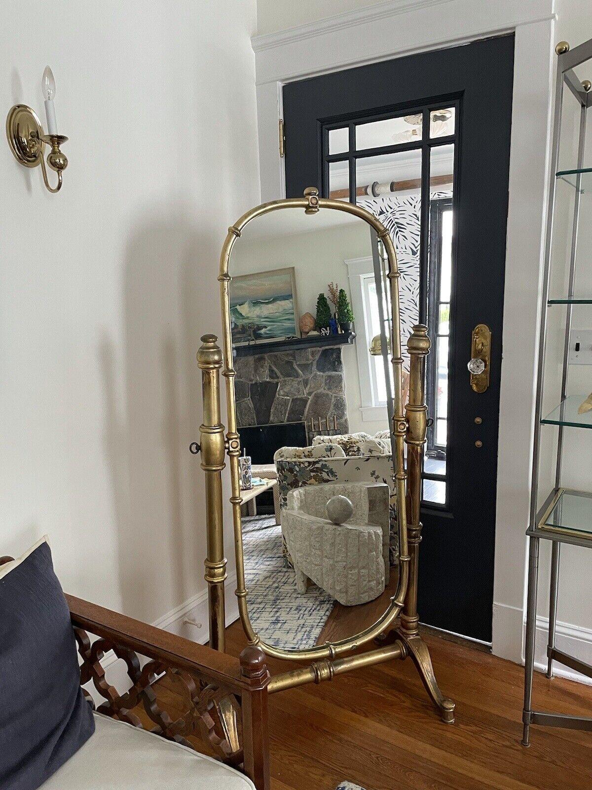20th Century Vintage Campaign-Style Florentine Painted Cheval Faux Bamboo Floor Mirror For Sale
