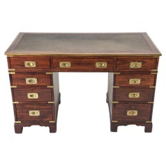Vintage Campaign Style Mahogany and Brass Desk With Inset Leather Top