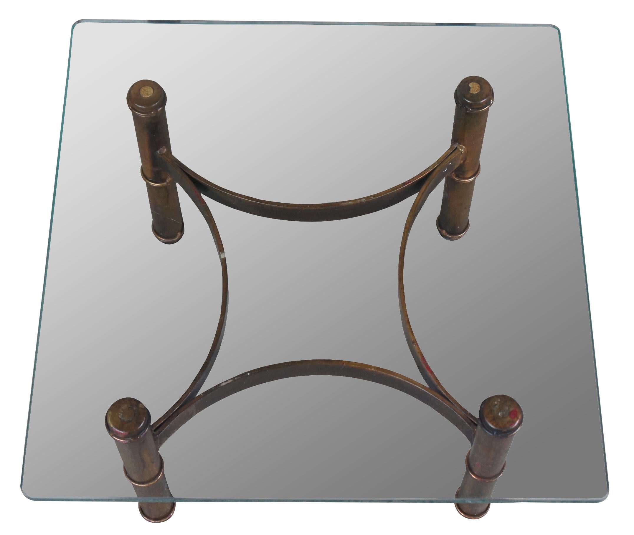 Vintage Campaign Style Square Heavy Glass & Iron Coffee Cocktail End Table In Good Condition For Sale In Dayton, OH