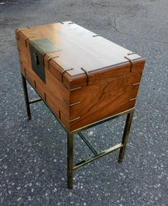Vintage Campaign Style Walnut Trunk Table on Brass Stand Mid-Century Modern