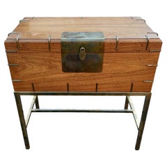 Vintage Campaign Style Walnut Trunk Table on Brass Stand Mid-Century Modern