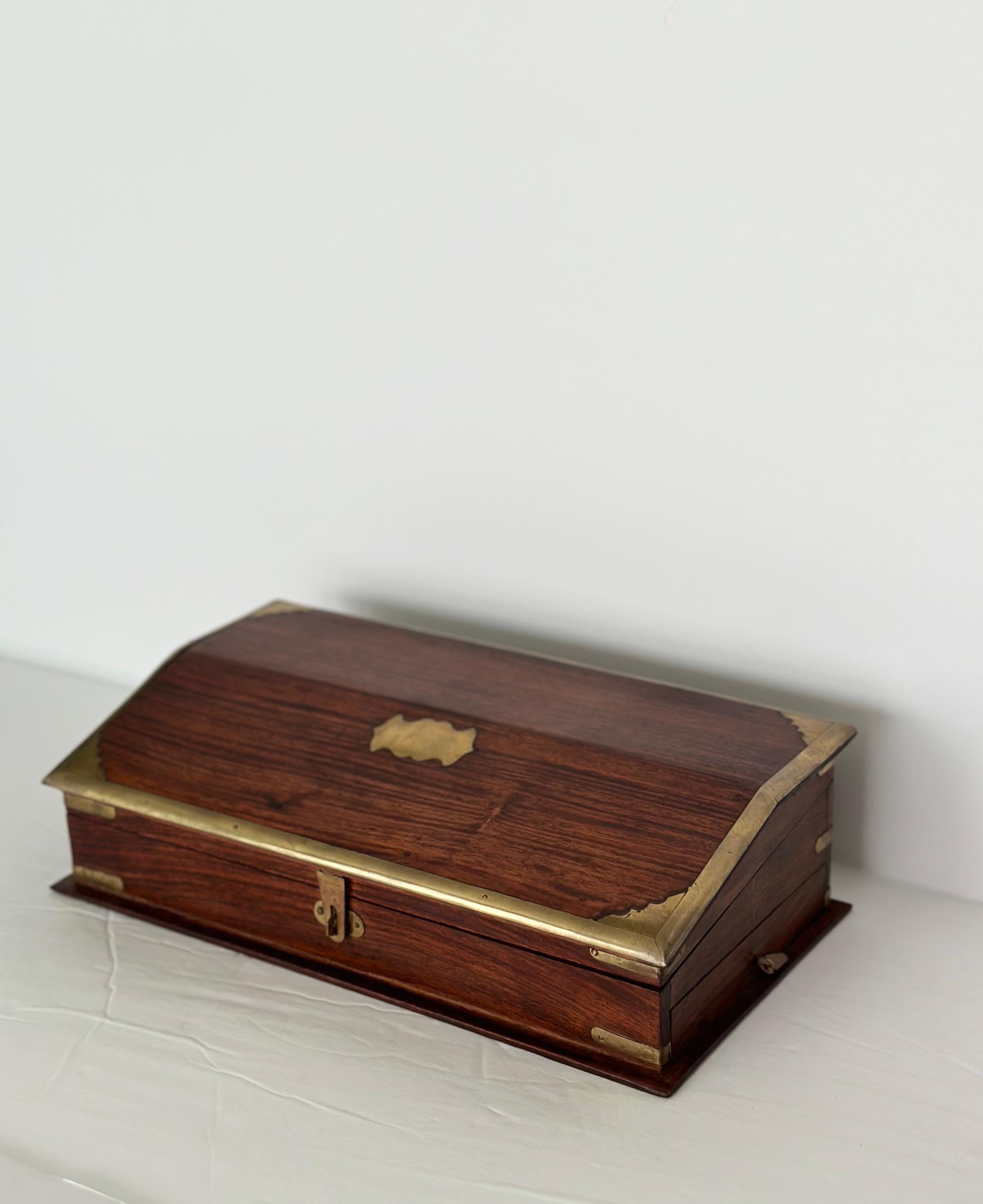 English Vintage Campaign Style Wood and Brass Box For Sale