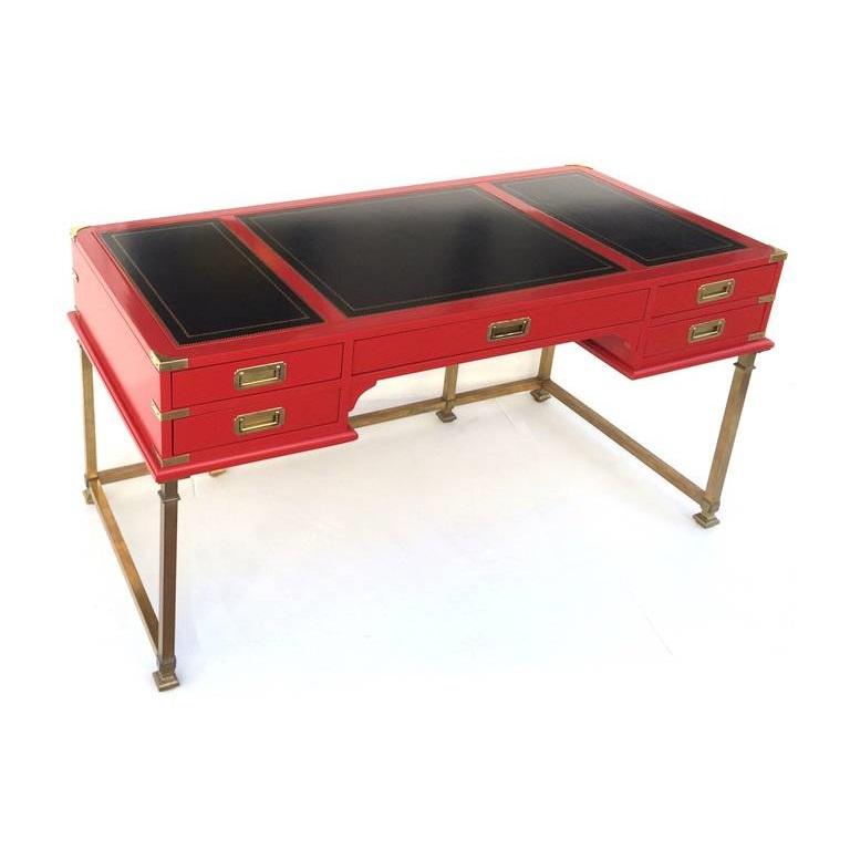 American Vintage Campaign Style Writing Table/Desk Lacquered in Red