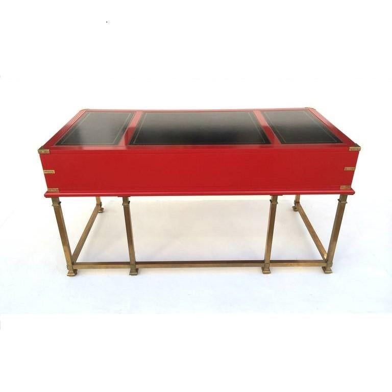 Brass Vintage Campaign Style Writing Table/Desk Lacquered in Red