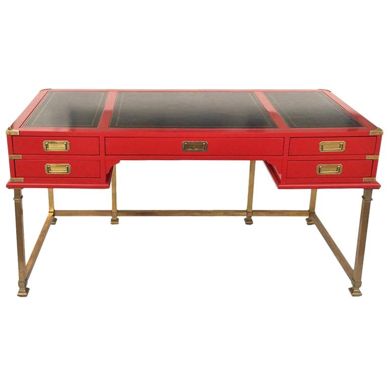 Vintage Campaign Style Writing Table/Desk Lacquered in Red