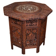 Vintage Campaign Tea Table, Burmese, Carved Teak, Display, Lamp, Art Deco, 1940