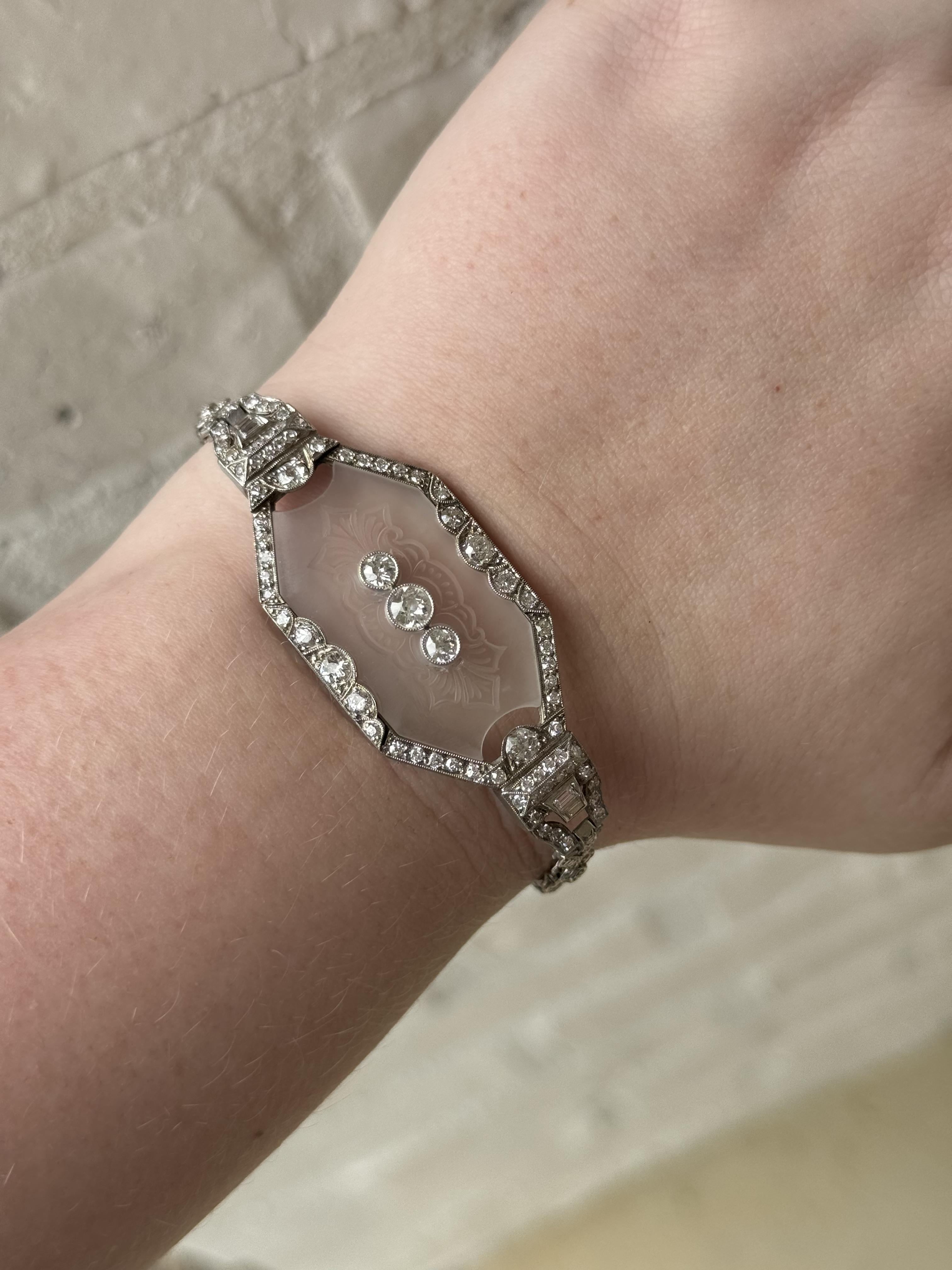 Art Deco Vintage Camphor Glass & Diamond Platinum Bracelet For Sale