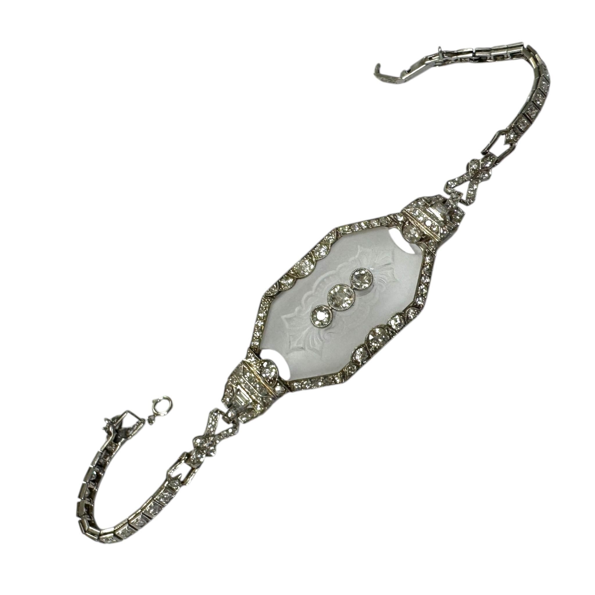 Vintage Camphor Glass & Diamond Platinum Bracelet For Sale 1