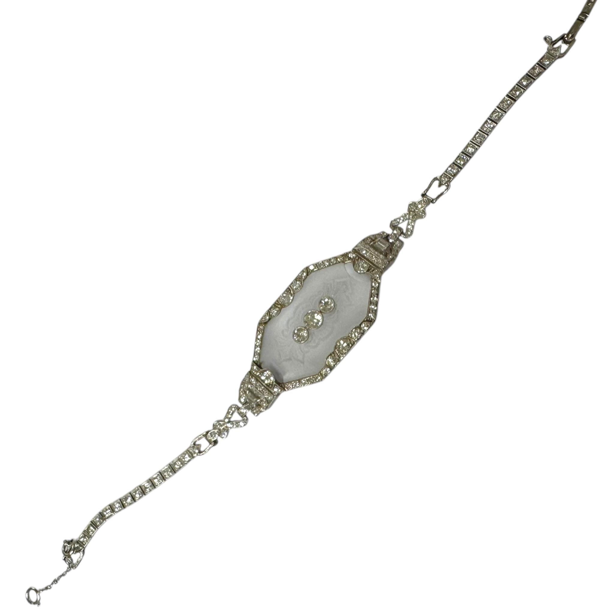 Vintage Camphor Glass & Diamond Platinum Bracelet For Sale 3
