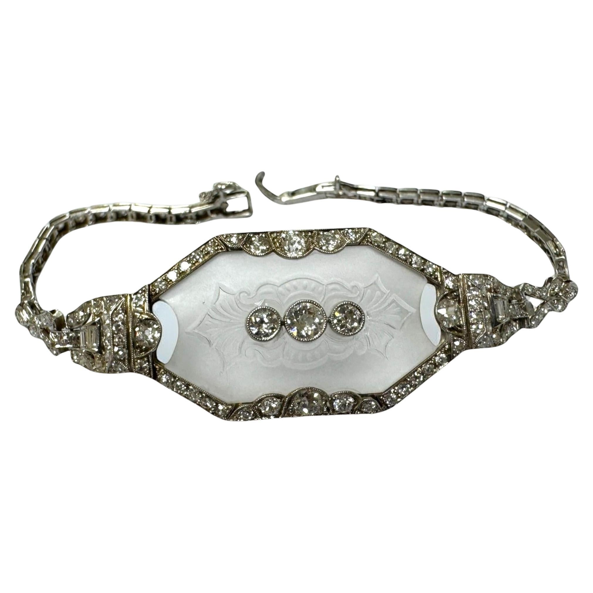 Vintage Camphor Glass & Diamond Platinum Bracelet For Sale