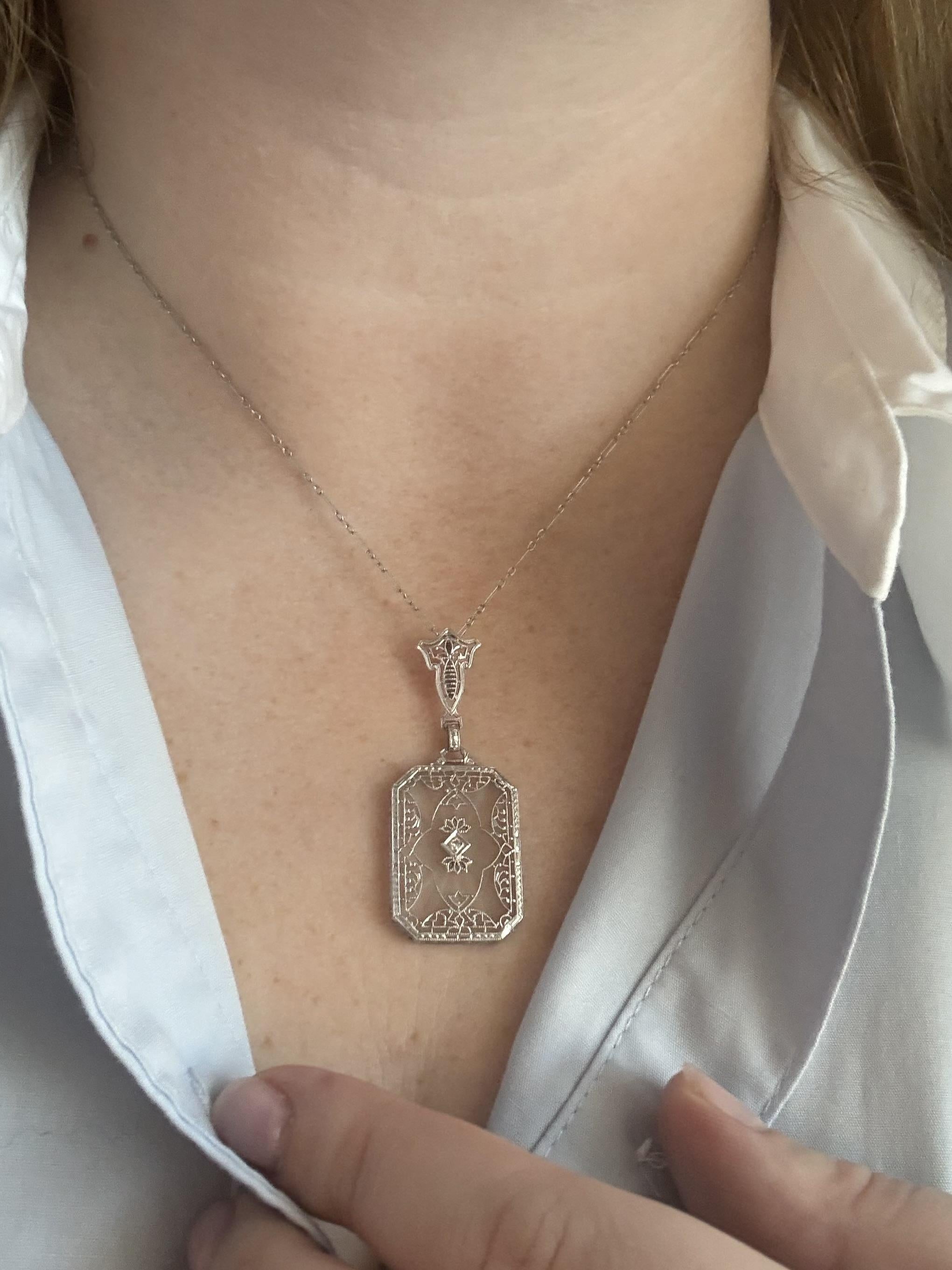 Art Deco Vintage Camphor Glass Filigree Necklace 14K White Gold