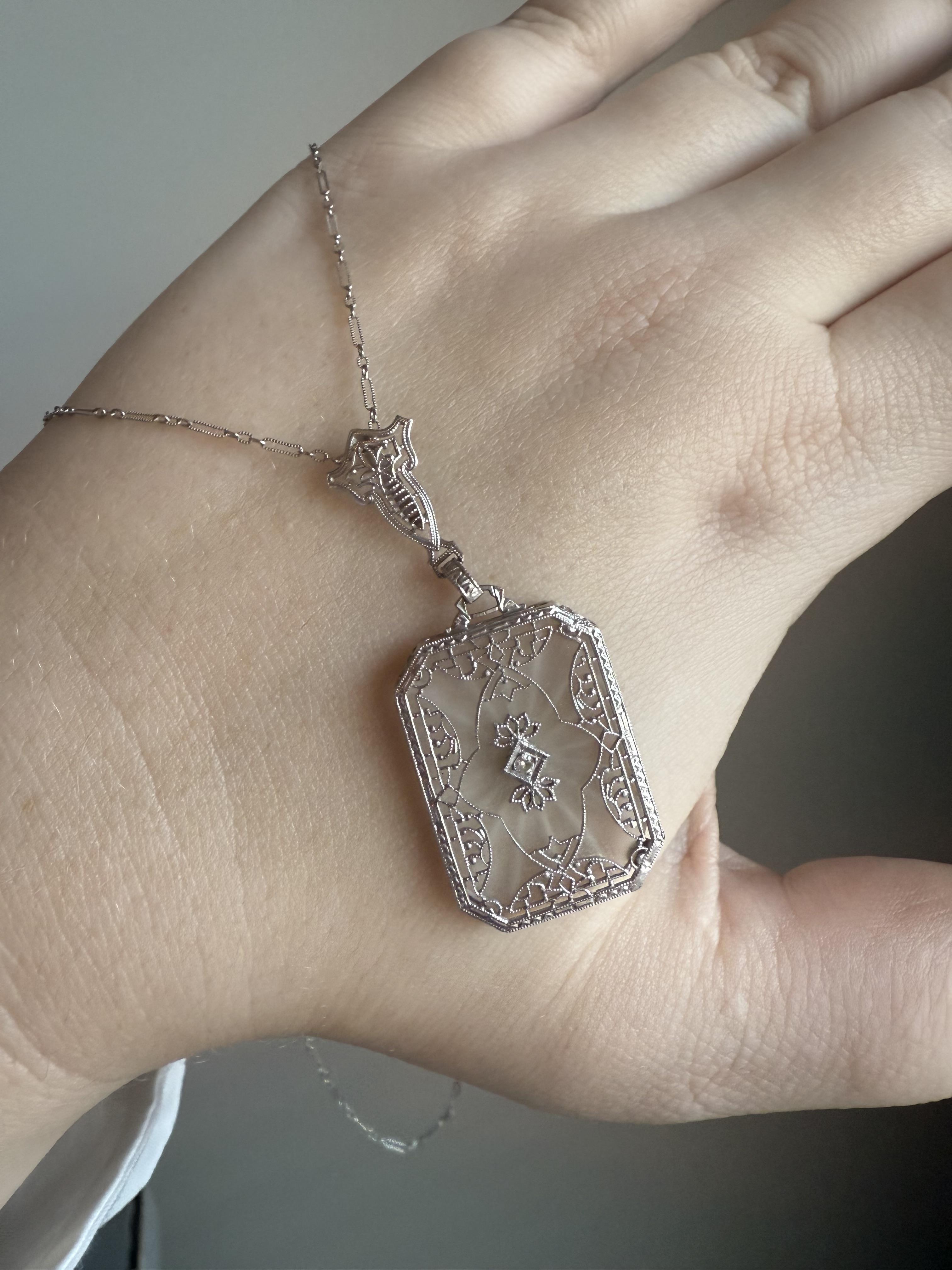 Single Cut Vintage Camphor Glass Filigree Necklace 14K White Gold
