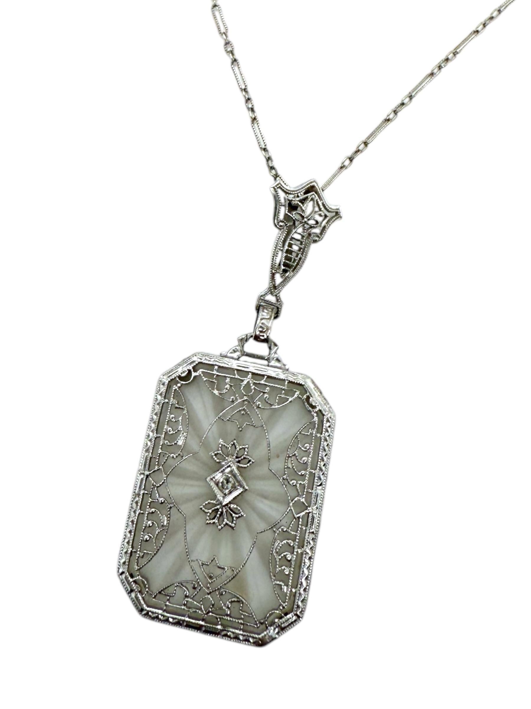 Women's Vintage Camphor Glass Filigree Necklace 14K White Gold