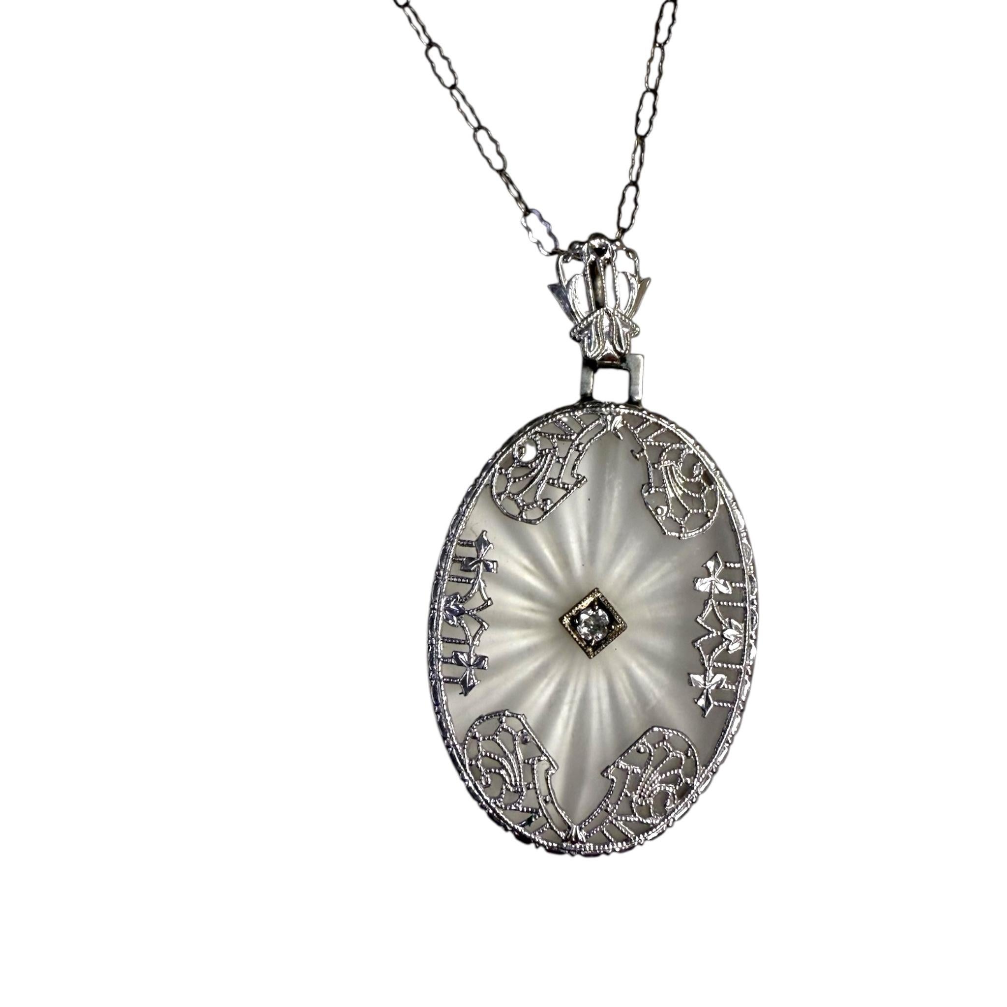 Filigrane Vintage-Halskette aus Camphor-Glas 14K Weißgold Damen im Angebot