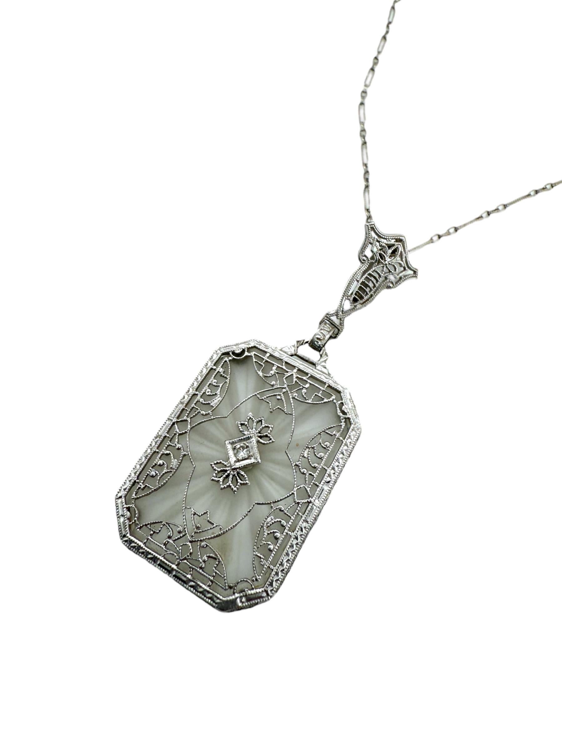 Vintage Camphor Glass Filigree Necklace 14K White Gold 1