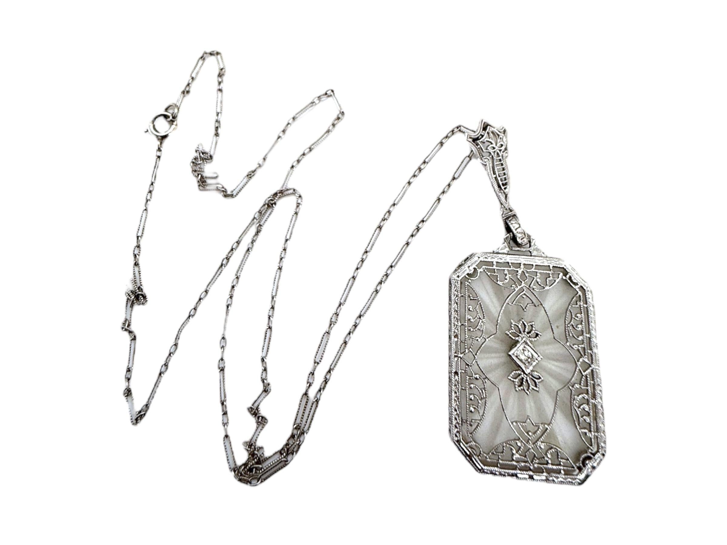 Vintage Camphor Glass Filigree Necklace 14K White Gold 2