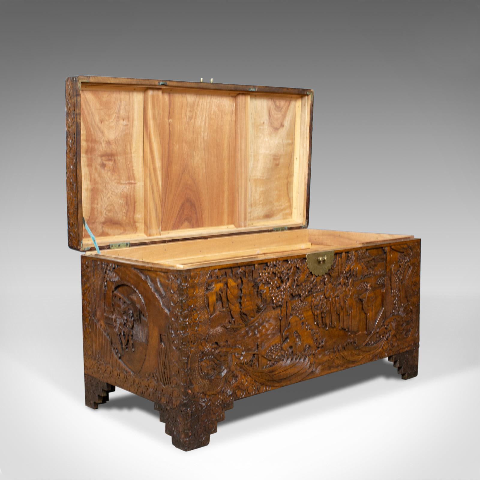Chinese Export Vintage Camphor Wood Chest, Oriental Carved Scenes, Trunk, circa 1940