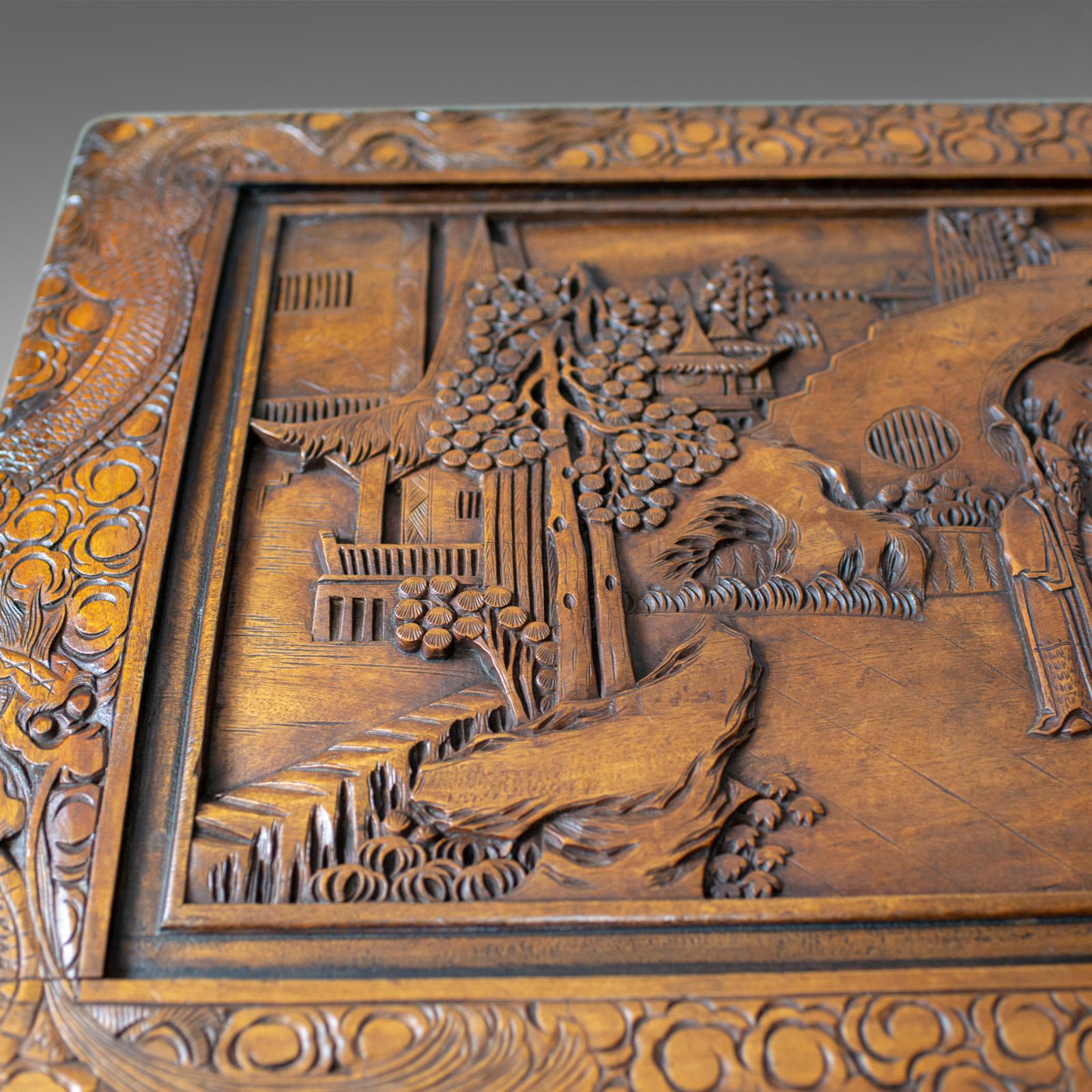 Vintage Camphor Wood Chest, Oriental Carved Scenes, Trunk, circa 1940 In Good Condition In Hele, Devon, GB