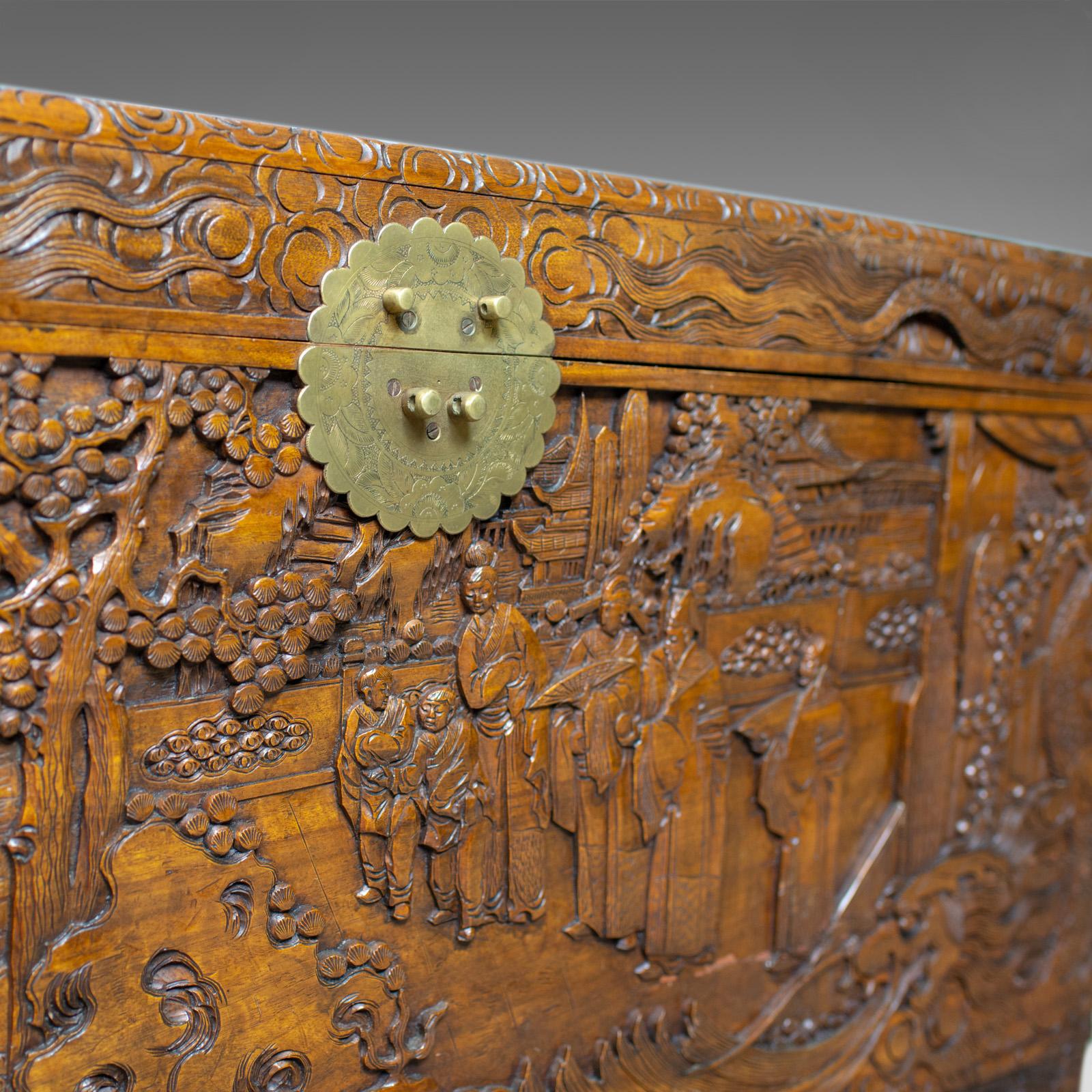 20th Century Vintage Camphor Wood Chest, Oriental Carved Scenes, Trunk, circa 1940