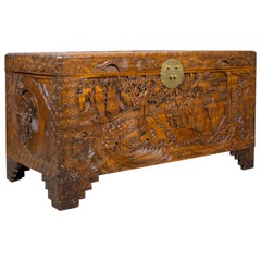 Vintage Camphor Wood Chest, Oriental Carved Scenes, Trunk, circa 1940