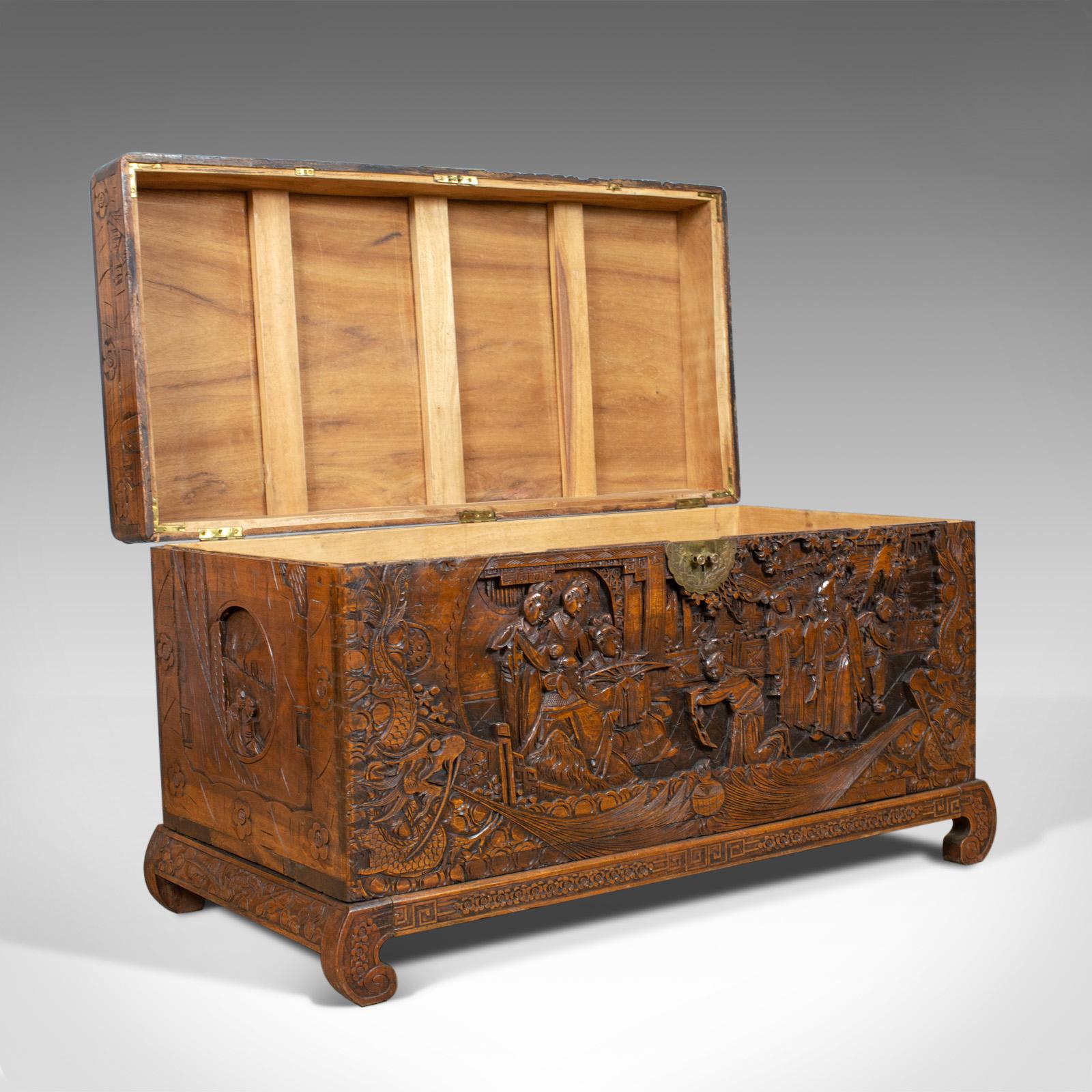 Chinese Export Vintage Camphor Wood Chest, Oriental, Carved, Trunk, circa 1930