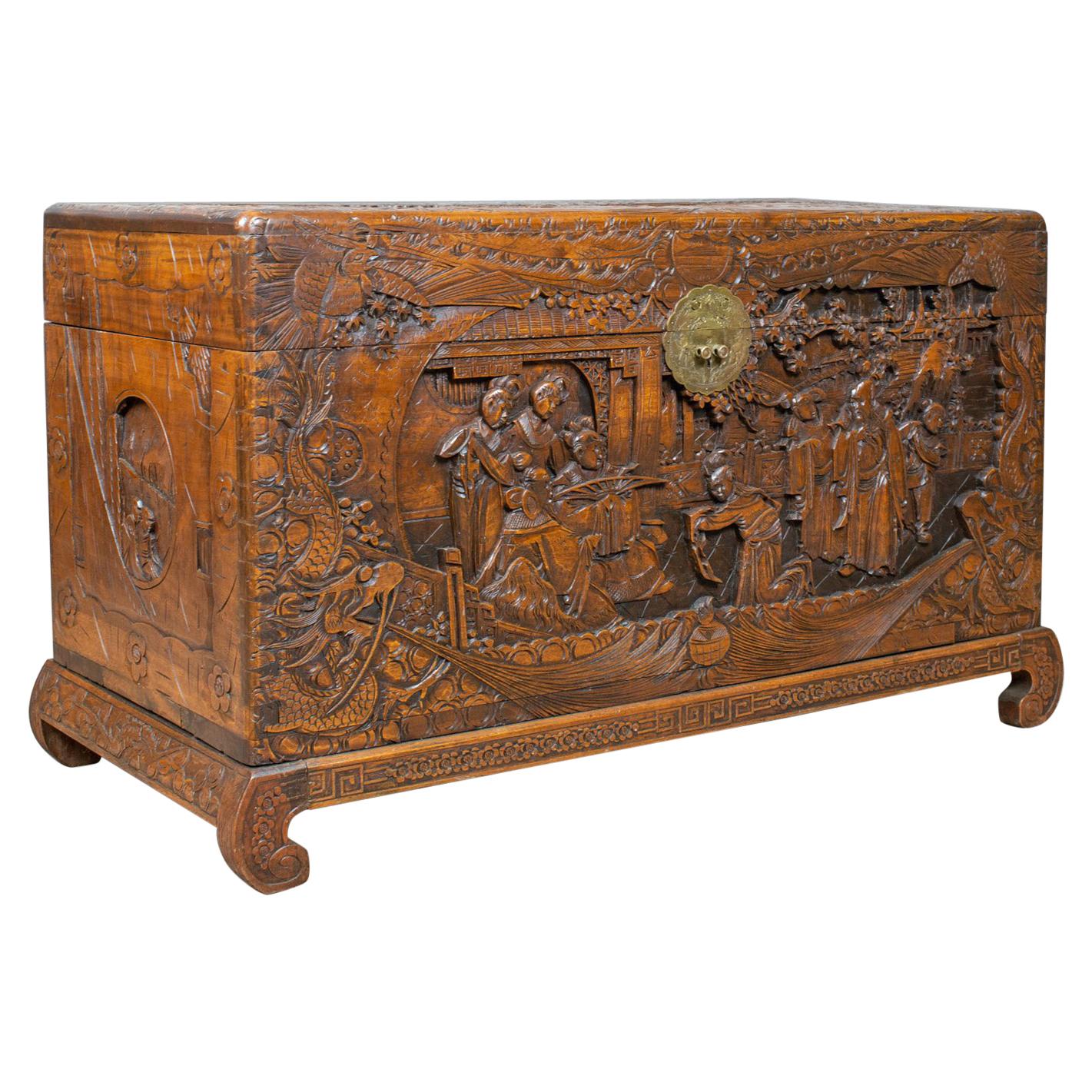 Vintage Camphor Wood Chest, Oriental, Carved, Trunk, circa 1930