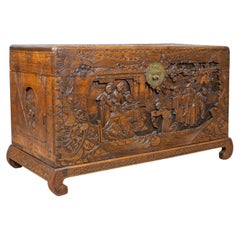 Antique Camphor Wood Chest, Oriental, Carved, Trunk, circa 1930