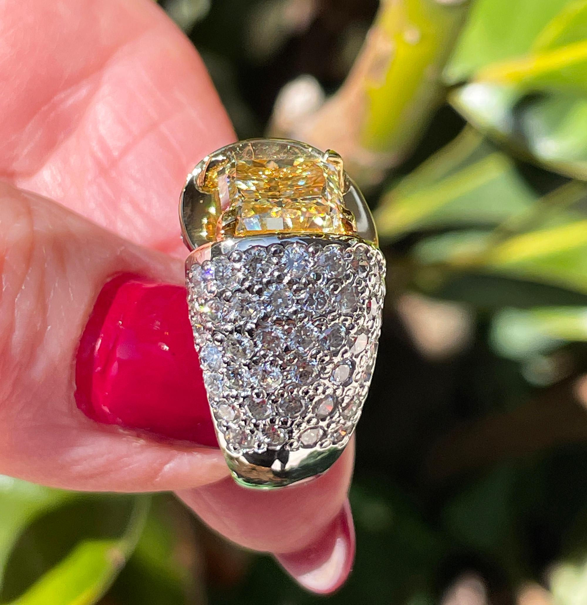 Vintage “Canary” GIA 7.02ctw Natural Fancy YELLOW Radiant Cut Diamond  18KW Ring For Sale 8