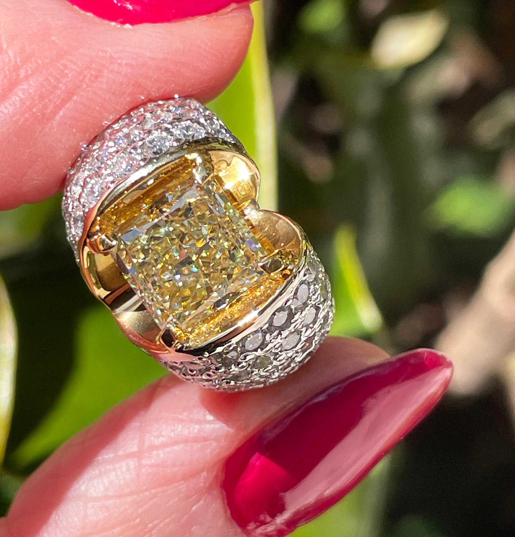 Vintage “Canary” GIA 7.02ctw Natural Fancy YELLOW Radiant Cut Diamond  18KW Ring For Sale 9