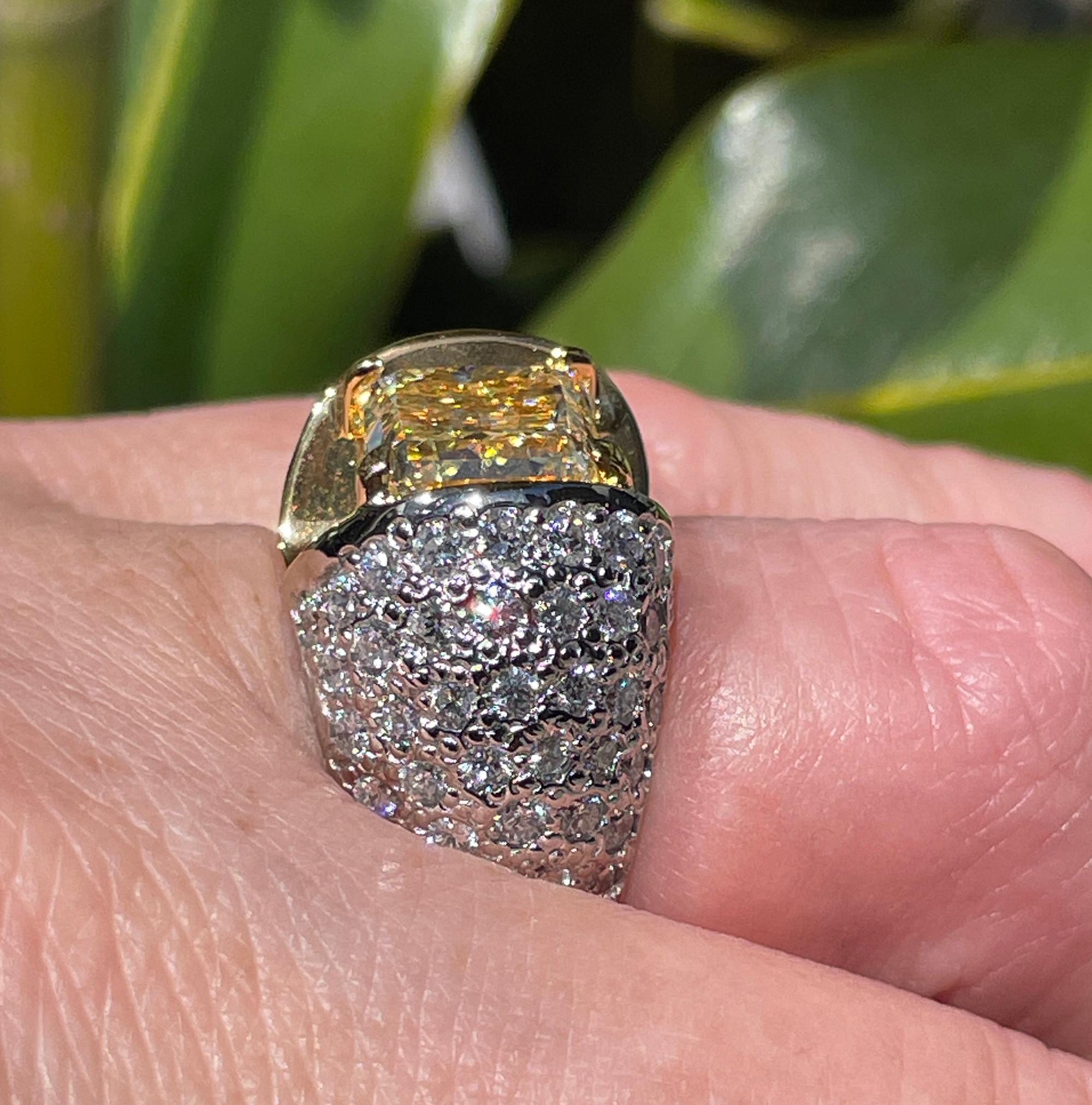 Vintage “Canary” GIA 7.02ctw Natural Fancy YELLOW Radiant Cut Diamond  18KW Ring For Sale 10