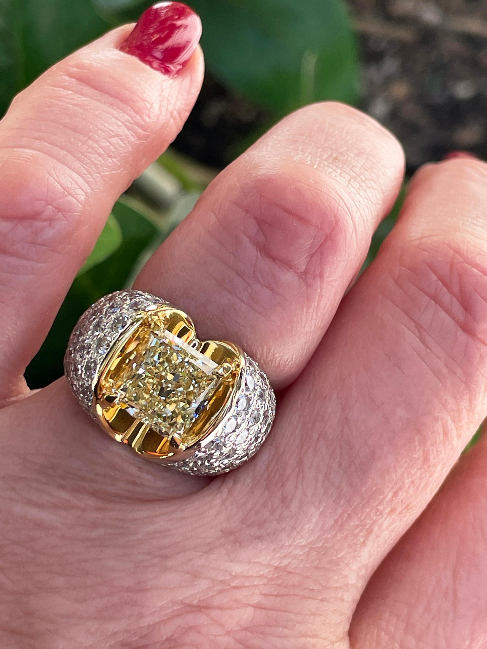 Vintage “Canary” GIA 7.02ctw Natural Fancy YELLOW Radiant Cut Diamond  18KW Ring For Sale 12