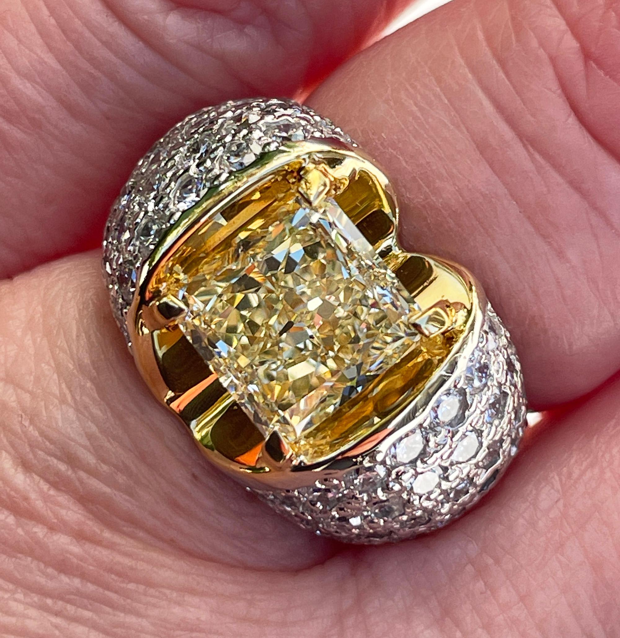 Vintage “Canary” GIA 7.02ctw Natural Fancy YELLOW Radiant Cut Diamond  18KW Ring For Sale 14