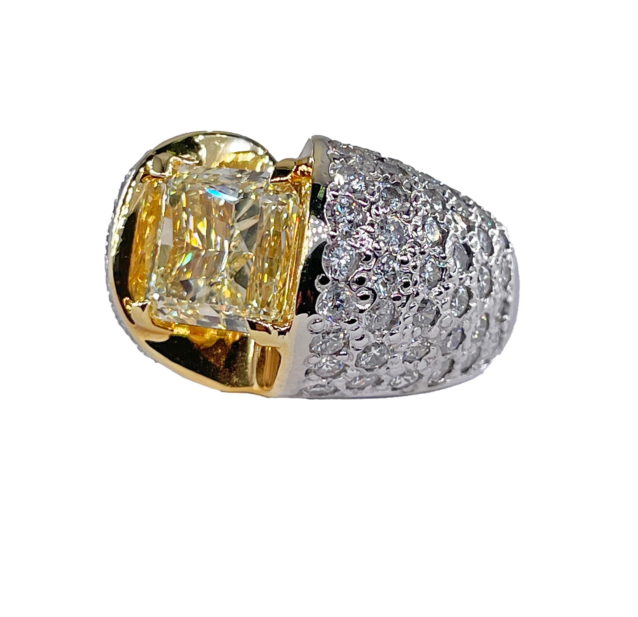 Vintage GIA “Canary” 7.02ctw Natural Fancy YELLOW Radiant Cut Diamond Dome Engagement Wedding Anniversary 18K Ring

Ready for something extraordinary?! This unique vintage high dome Ring is a statement maker!
A beams of sunshine radiate day and