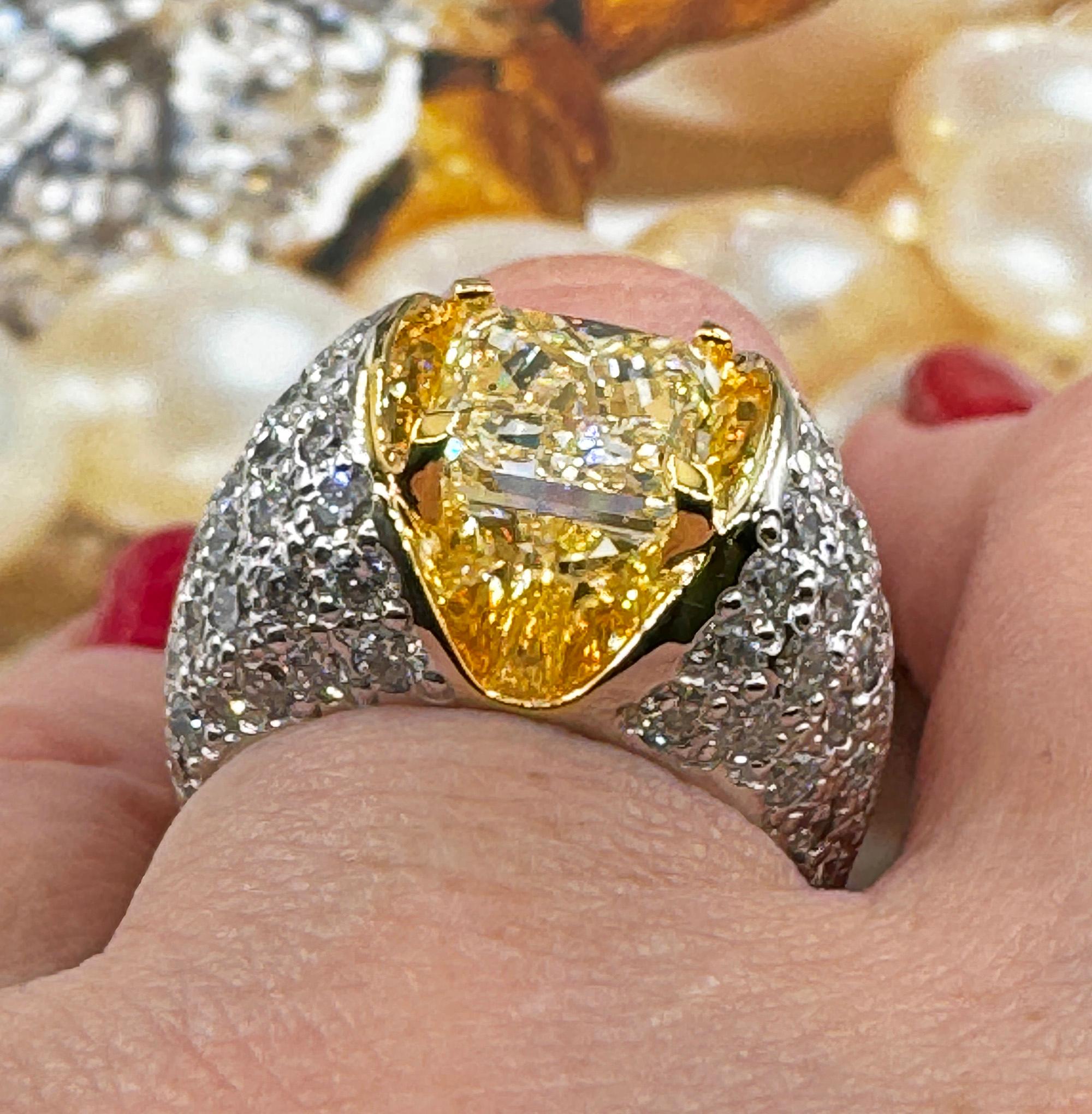 Vintage “Canary” GIA 7.02ctw Natural Fancy YELLOW Radiant Cut Diamond  18KW Ring For Sale 4