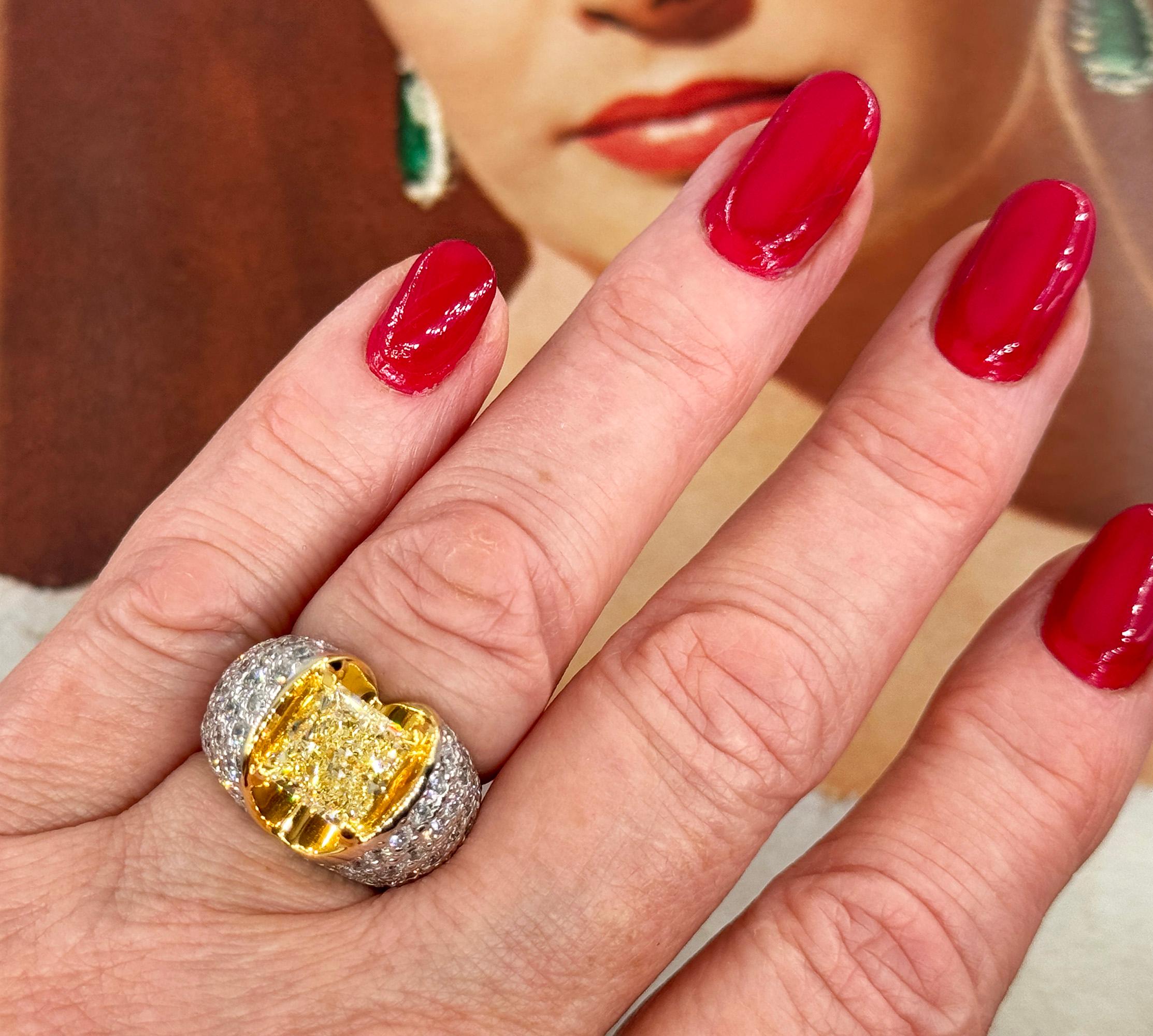 Vintage “Canary” GIA 7.02ctw Natural Fancy YELLOW Radiant Cut Diamond  18KW Ring For Sale 5