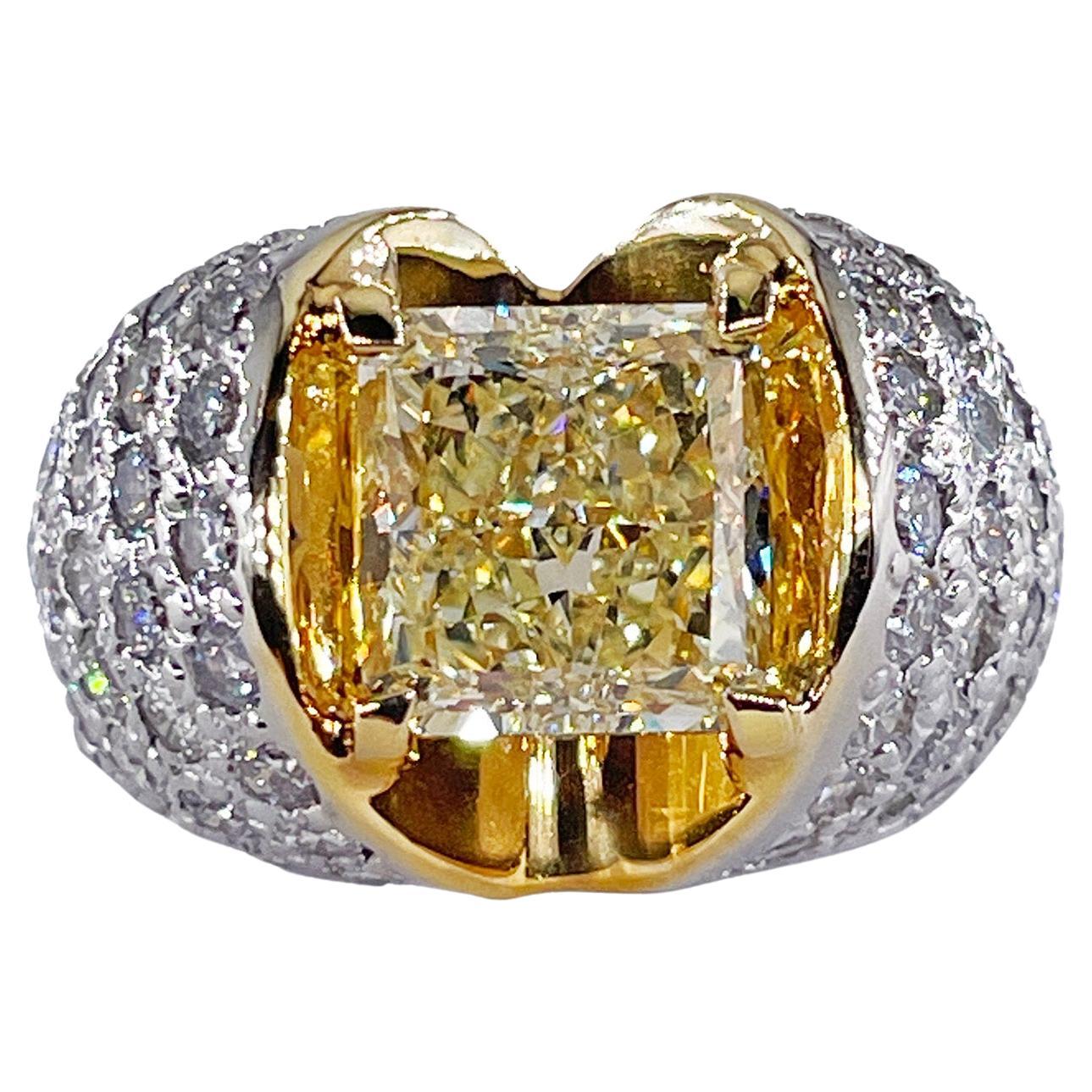 Vintage “Canary” GIA 7.02ctw Natural Fancy YELLOW Radiant Cut Diamond  18KW Ring