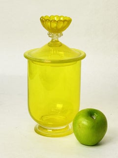 Vintage Canary Yellow Blown Art Glass Apothecary Jar with Floral Finial Lid