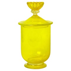 Vintage Canary Yellow Blown Art Glass Apothecary Jar with Floral Finial Lid