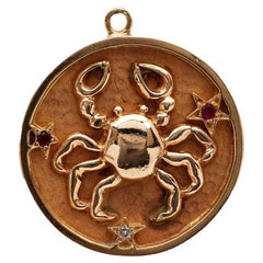 Vintage Cancer Zodiac Diamond Ruby 14k Yellow Gold Pendant
