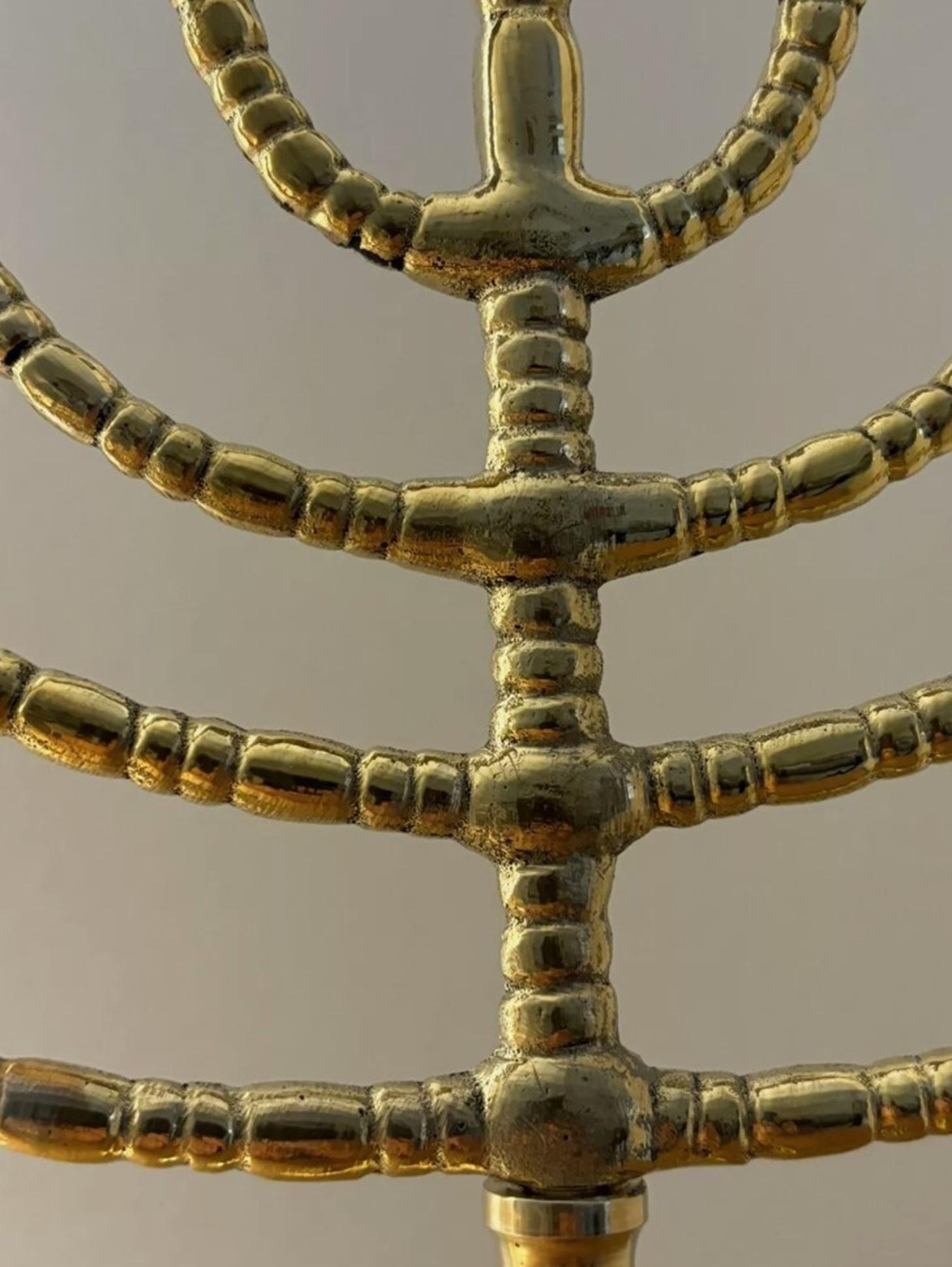 Israeli Vintage Candelabras 9 Branch Menorah Jewish Judaica Golden Candle Holders Brass For Sale