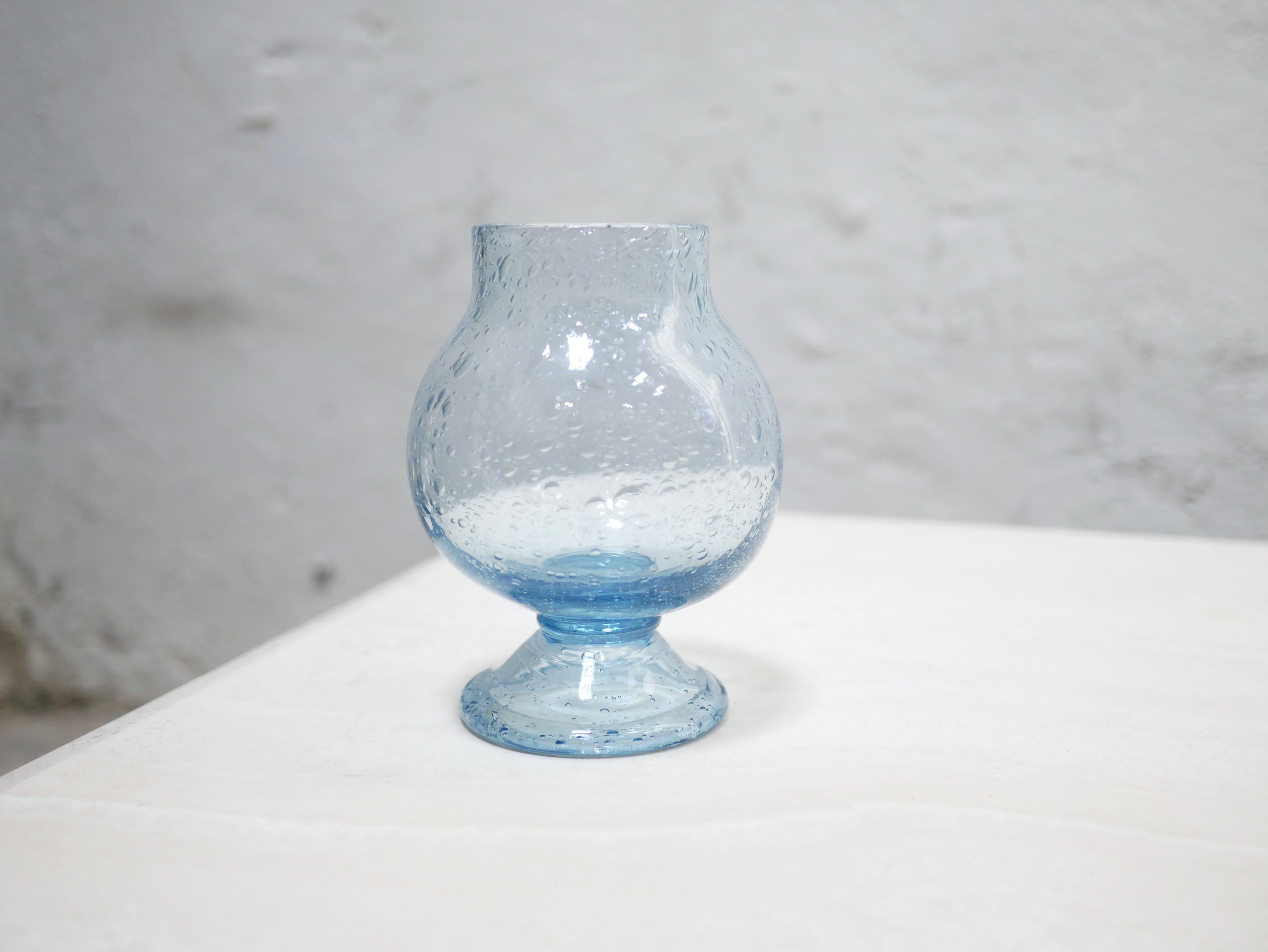 Glass Vintage candle holder in blue blown glass by Biot glassworks For Sale
