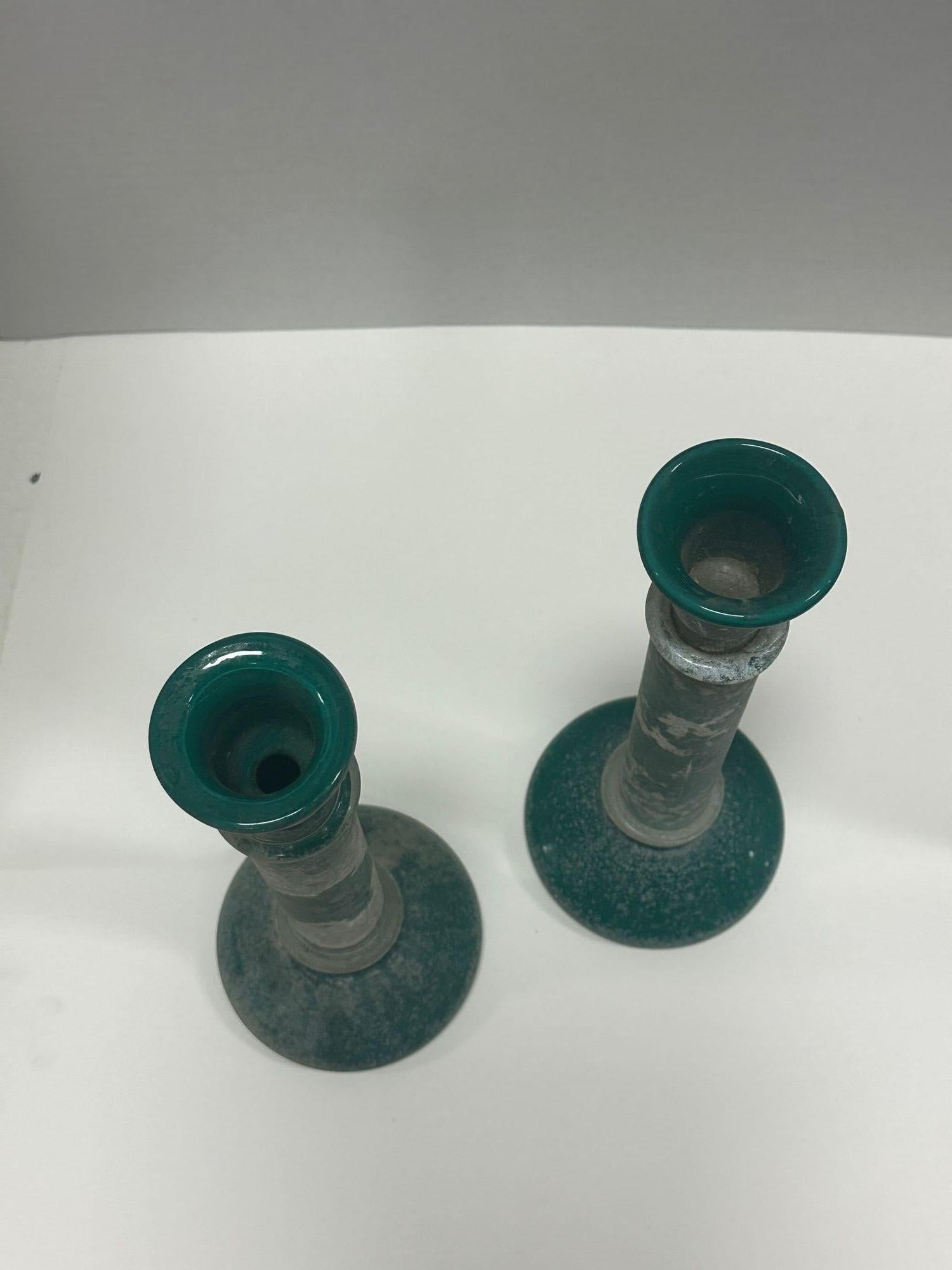 Vintage Candlestick holders Turquoise Glass Frosted, Pair In Excellent Condition In Van Nuys, CA