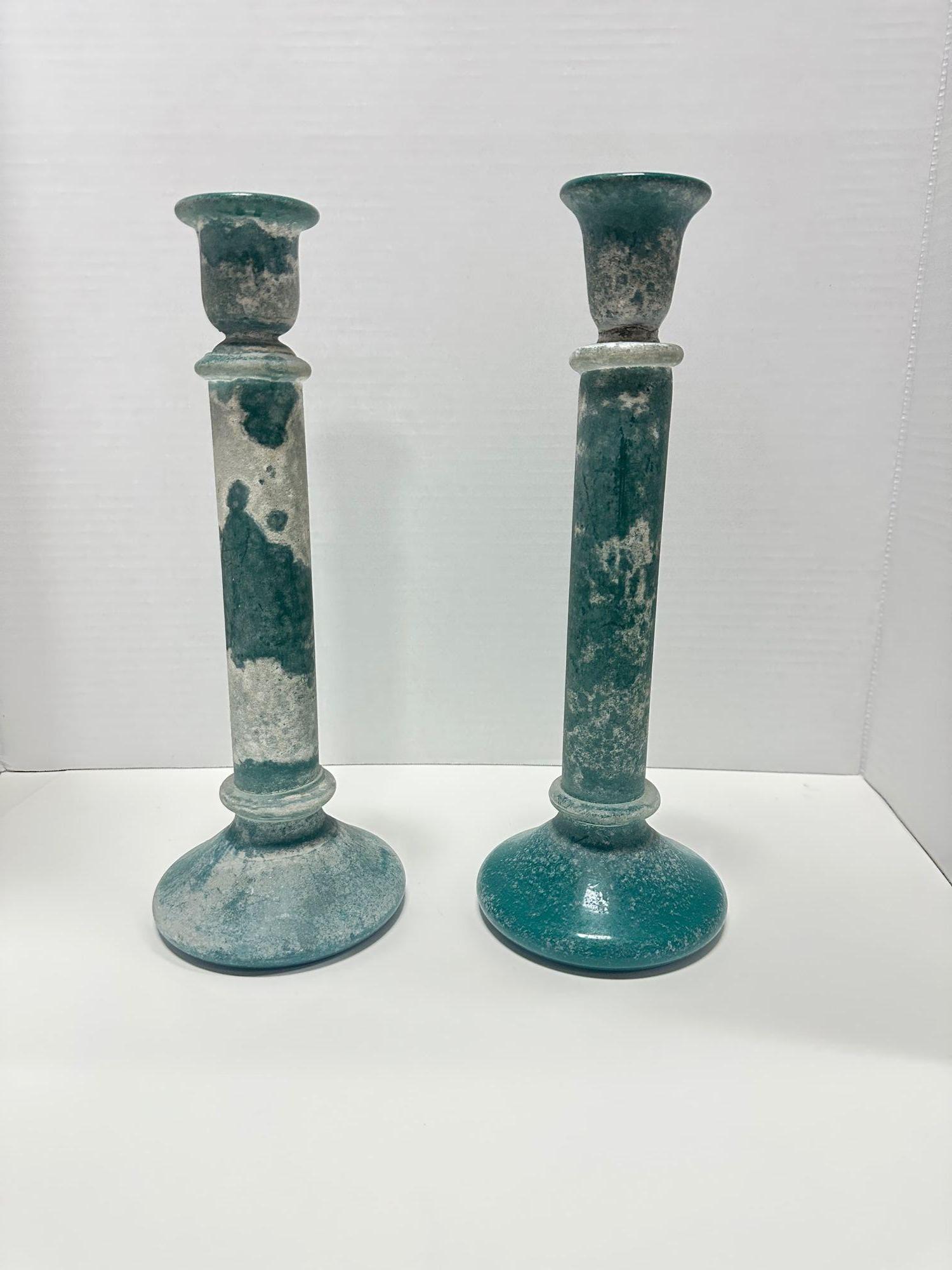 20th Century Vintage Candlestick holders Turquoise Glass Frosted, Pair