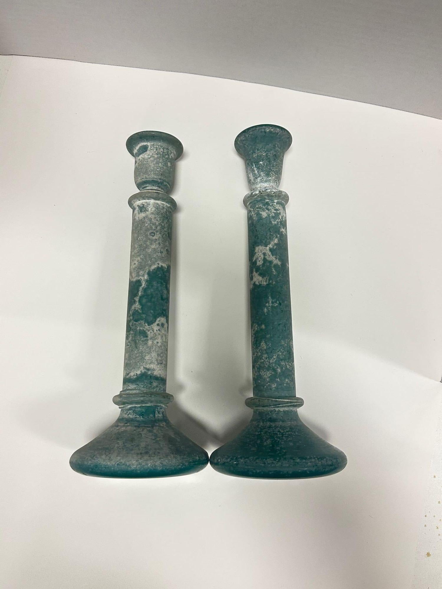 Vintage Candlestick holders Turquoise Glass Frosted, Pair 1