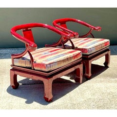 Vintage Candy Apple Lacquer Horseshoe Chairs After James Mont - A Pair